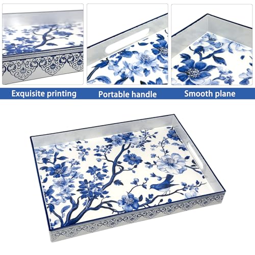 Serving Tray with Handles, 15.7 * 11.8 inches, Plastic Ottoman Tray with Exquisite Paintings, Trays for Coffee Table - color: Blue Sparrow