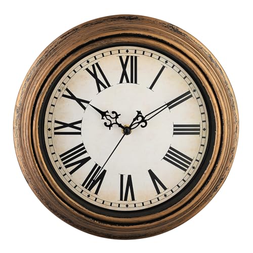 Plumeet Retro Wall Clock, 12'' Non Ticking Classic Silent Vintage Wall Clocks Decorative Kitchen Living Room Bedroom, Roman Numerals, Battery Operated - color: Copper Gold, size: 12''