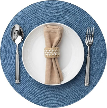 Baroyal Round Placemats Set of 8 Plastic Woven Placemats Washable Wipeable Table Mats for Dining Table Heat Resistant Non-Slip Circle Place Mats (Royal Blue) - color: Royal Blue