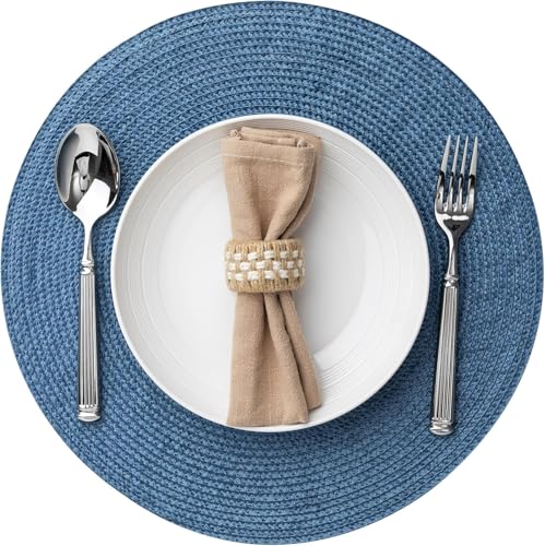 Baroyal Round Placemats Set of 8 Plastic Woven Placemats Washable Wipeable Table Mats for Dining Table Heat Resistant Non-Slip Circle Place Mats (Royal Blue) - color: Royal Blue