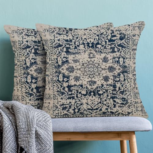 AEIOAE Boho Pillow Covers 18x18 Inch Set of 2,Carpet Pattern Throw Pillows Case,Navy Blue Beige Ethnic Design Outdoor Decorative Square Linen Farmhouse Decor Cushion Covers for Home Sofa Bed Couch - color: Navy Blue Beige, size: 18" x 18" (Pack of 2)