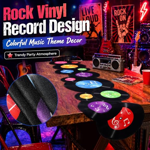 Preboun 50's Sock Hop Vinyl Records Party Decorations Linen Table Runner - style: Vinyl Records