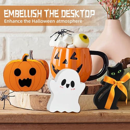 Wooden Halloween Decorations Set - Cute Ghost, Pumpkin & Black Cat Blocks Signs for Indoor Outdoor Holiday Home Decor, Mantel, Tabletop Centerpiece, Spooky Gift (Set of 3)