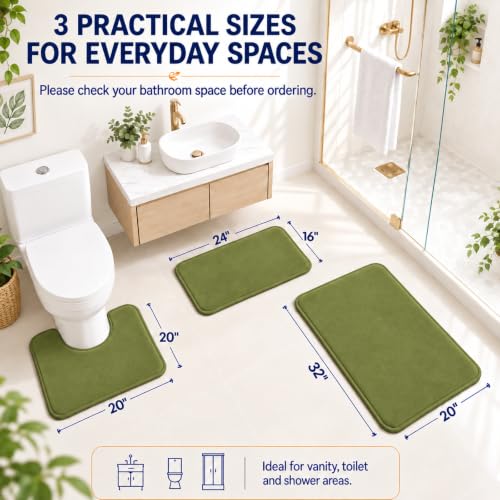 Green Bathroom Set Extra Soft Memory Foam Bath Mat Sets 3 Piece Non Slip Absorbent & Dry Living Mat Sets Washable Bath Carpets with Toilet Rug,Bath Rugs for Bathroom,Tub,Shower,Kitchen,Bedroom - color: Lime Green