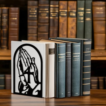 Peacoblue 4.7"x3.5"x7.87" Metal Bookends, Heavy Duty Book Ends for Shelves - style: Folded Hands and Cross