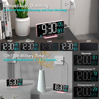 KOSUMOSU Clock for Bedroom, 6.7in Digital Alarm Clock, Auto Dimming, Room Temperature, Day of The Week, Seconds, Date, Alarm Clocks for Bedrooms, Digital Clocks for Living Room - color: Pink (White + Blue Digits)