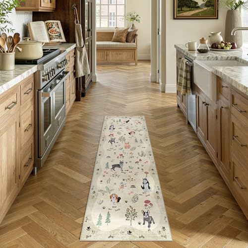 PureCozy Beige Washable Runner Rug 2x5 for Kitchen Floral Animal Accent - color: Beige/Dog, size: 2' x 5' (Runner)