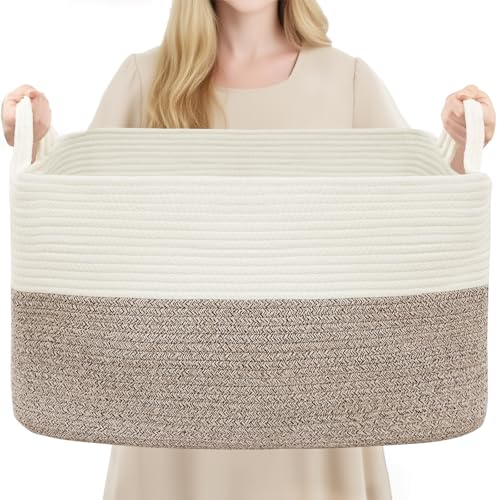 YOUDENOVA Large Blanket Basket, Rectangle Cotton Rope Storage Baske - color: White+Brown