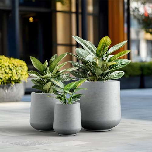 Kante Round Concrete Planter Set of 3-9.4"/13"/16.5" Dia Barrel-Style Garden Pots with Drainage Hole for Flowers and Trees (7.1"/10.2"/13.8" Opening), Gray - color: Gray, size: 16.5"+13"+9.4" D