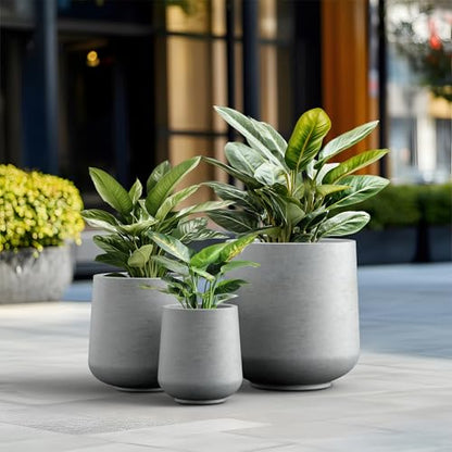 Kante Round Concrete Planter Set of 3-9.4"/13"/16.5" Dia Barrel-Style Garden Pots with Drainage Hole for Flowers and Trees (7.1"/10.2"/13.8" Opening), Gray - color: Gray, size: 16.5"+13"+9.4" D
