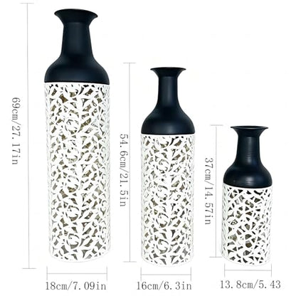 Large Tall Floor Vases: 27in Metal Floor Standing Vase, Black and White Vase with Hollowed for Living Room, Entryway, Office, Dining, Bedroom, Fireplace, Home Corner (Black and White (with Hollowed)