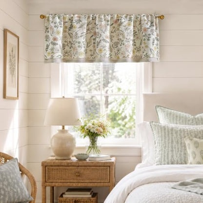 jinchan Maia Floral Linen Double Layer Valance 16 Inch 1 Panel White - color: Maia White on Linen, size: 50"W x 16"L (Pack of 1)