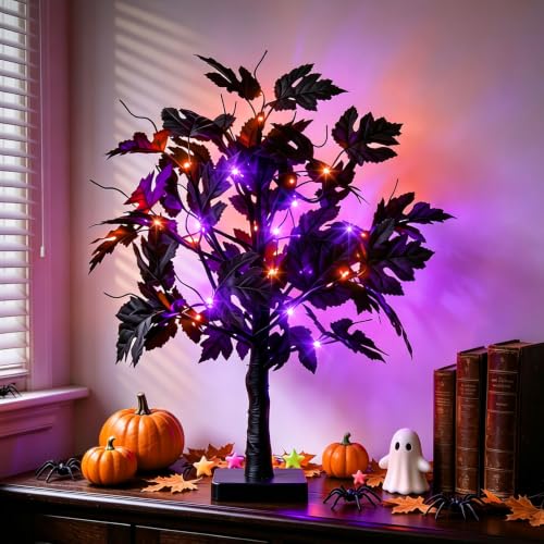 PEIDUO Halloween Tree Lights with Black Leaves Halloween Decorations - color: Black