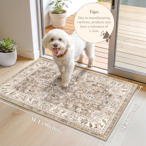 LOKHOM 2x3 Washable Area Rugs, Boho Floral Non-Slip Carpet Rug, Beige - color: Beige Brown, size: 2' x 3' (Rectangular)