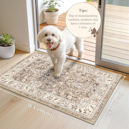 LOKHOM 2x3 Washable Area Rugs, Boho Floral Non-Slip Carpet Rug, Beige - color: Beige Brown, size: 2' x 3' (Rectangular)