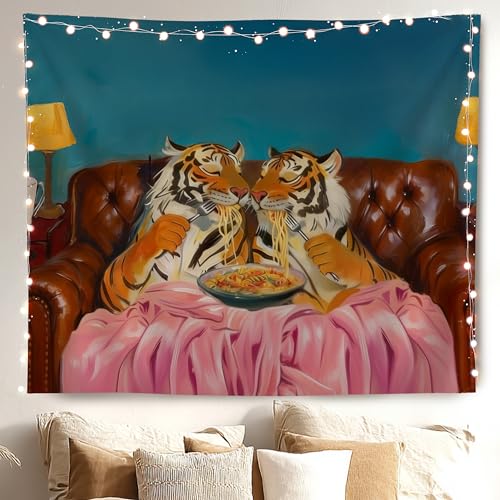 MKYFHSVGD Pink Funny Tiger Tapestry Wall Hanging, Whimsical Cozy Tiger Couple Eating Spaghetti Wall Tapestry for Home Bedroom Living Room Kitchen Dining Room Decorations, 50x60 Inch - color: Tiger