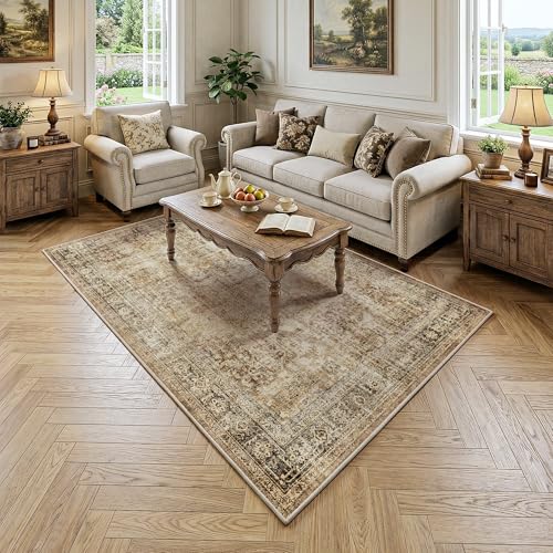 FMFUNCTEX 4x5 Washable Brown Vintage Distressed Throw Area Rug for Entryway - color: Brown, size: 4' x 5' (Rectangular)