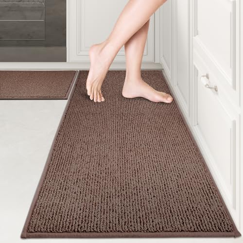PURRUGS Machine Washable Kitchen Rug Set [2 PCS] (17" x 30"+ 17" x 48"), Non-Slip/Skid Kitchen Runner Rugs & Floor Mats, Super Absorbent Soft Area Rugs for Sink, Kitchen & Laundry, Brown - color: Brown, size: 17" X 30"+ 17" X 48"