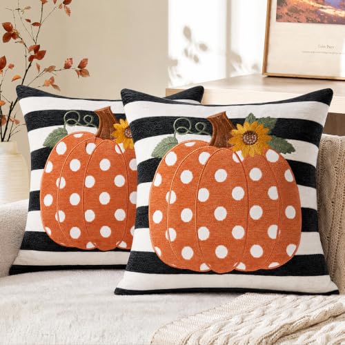 Fall Pillow Covers 20x20 Set of 2, Embroidered Orange Pumpkin - color: Black & White Stripe Pumpkin（appliqué）, size: 20" x 20" (Pack of 2)