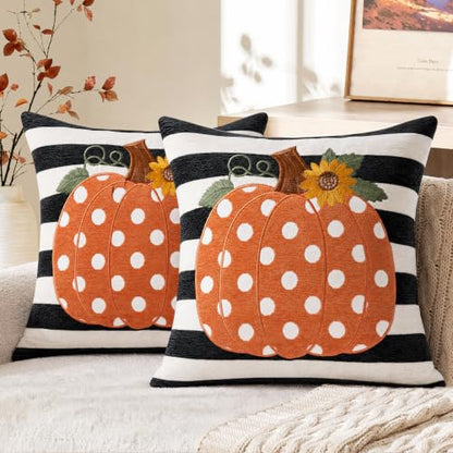 Fall Pillow Covers 20x20 Set of 2, Embroidered Orange Pumpkin - color: Black & White Stripe Pumpkin（appliqué）, size: 20" x 20" (Pack of 2)