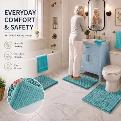 Yimobra Bathroom Rug Set 3 Piece, Super Absorbent Bath Mat Set, Teal Blue - color: Teal Blue, size: 24"x17" + 24"x20" + 30"x20"
