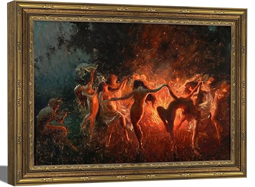 Vintage Gold Frame Fire Dance Wall Art, Gothic Canvas Painting Print for Dark Academia Decor, Moody Fantasy Ritual Picture for Living Room Bedroom Aesthetic, Occult Witchy Home Office Art 12x16 In - color: fire dance, size: 16"L x 12"W