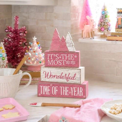 Moucuny 4 Pcs Christmas Table Decoration Wooden Pink Wooden Christmas Tree - style: It’s the Most Wonderful Time of the Year