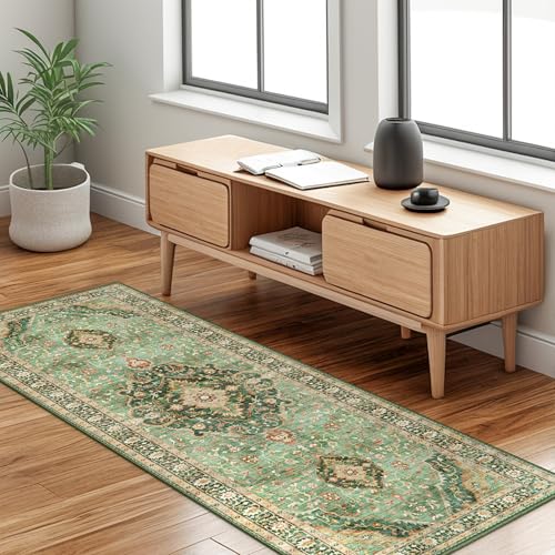 Green Rug 2x5 Runner Rugs Boho Small Washable Area Rugs for Entryway Bathroom Kitchen, Small Rugs Soft Low Pile Non-Slip Rubber Backing Oriental Door Mat - color: Border Green, size: 2'x5'