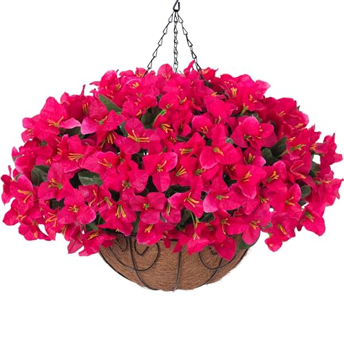 Artificial Fake Hanging Flowers Plants Basket for Outdoors Fall Decoration, Faux Silk Bougainvillea Flowers in Planter UV Resistant Realistic for Outside Porch Patio Garden Yard Home, Hotpink - color: Hotpink