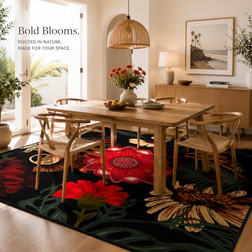 Tyrot Vintage Black Red Boho Floral Living Room Rug, 5x7 Rug Flat Woven Ultra-Thin Washable Botanical Area Rugs Non-Slip Low-Pile Carpet for Bedroom, Dining Room, Office, Kids Room - color: Crimson Shadow, size: 5' x 7' (Rectangular)