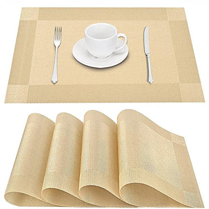 GIVERARE Placemats Set of 4, Heat-Resistant Woven Vinyl Placemat, Non-Slip Washable PVC Table Mat, Easy to Clean Premium Plastic Mats for Dining, Kitchen Table (Golden) - color: Golden