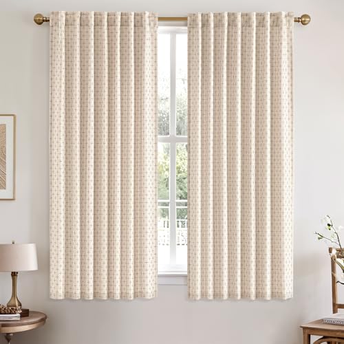 MIULEE Patterned Farmhouse Linen Curtains, Back Tab, 52Wx63L, Beige - color: Beige, size: 52"W x 63"L (Pack of 2)