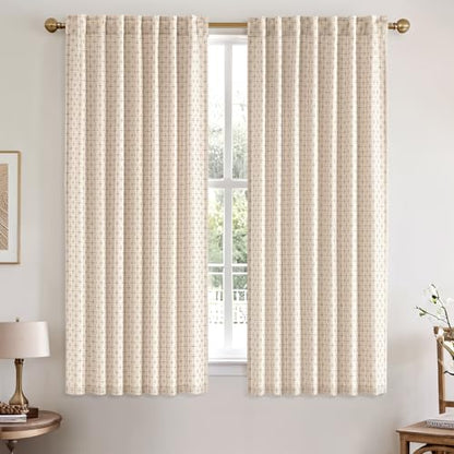 MIULEE Patterned Farmhouse Linen Curtains, Back Tab, 52Wx63L, Beige - color: Beige, size: 52"W x 63"L (Pack of 2)