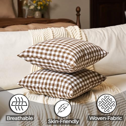 Farmhouse Brown Gingham Plaid Throw Pillow Covers 18x18, Cottage Core Decor - color: Khaki & White Gingham Set of 2, size: 18" x 18" (Pack of 2)