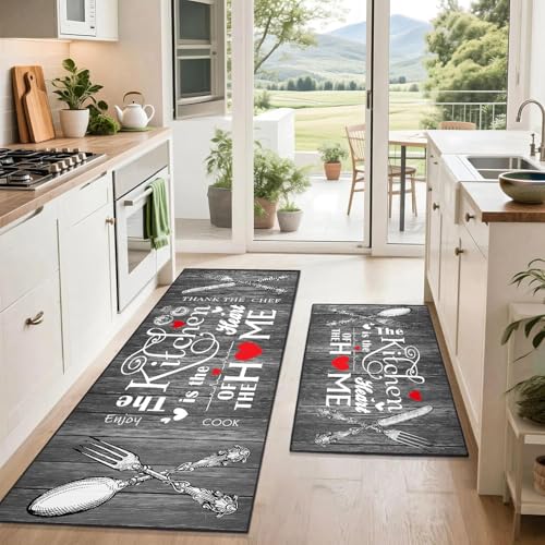 Kitchen Mats for Floor 2 Piece Set, Farmhouse Kitchen Rug Gray Vintage Style Theme Decor,Absorbent Washable Non-Slip Floor Mats 17x30+17x47 Inches - color: Gray a