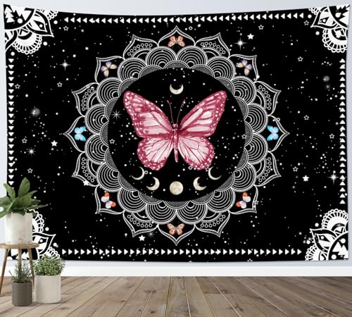 LB Boho Mandala Floral Tapestry, Pink Butterfly Wall Decor, 59Wx51L Inches | Bohemian Black and White Tapestry Wall Hanging, Moon Phase Aesthetic Wall Art Decor, for Bedroom Living Room Bathroom - color: Pink, size: 51"L x 59"W