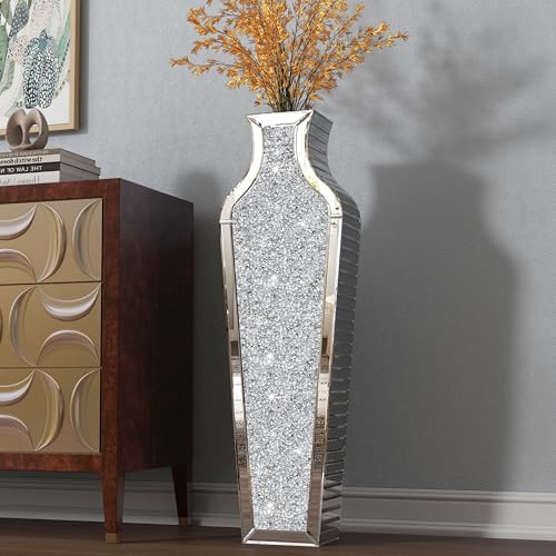 SHYFOY 36 inch Floor Vase Crushed Diamond Decorative Mirrored Tall Vases for Decor Living Room, Large Silver Glass Floor Vase for Pampas Grass Artificial Flowers - color: Silver, size: 36"H x 10.7"L x 5.3"W