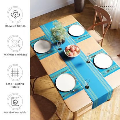 Encasa XO Table Runner, Yarn Dyed Ribbed Cotton 13"x72" - color: Ladder Turq Blue, size: 13x72 in