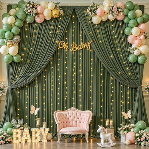 10 x 10ft Olive Green Backdrop Curtains with Lights String - color: Olive Green, size: W5' x H10'(2 panels)
