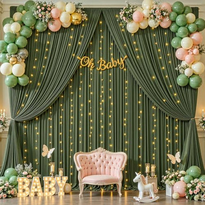 10 x 10ft Olive Green Backdrop Curtains with Lights String - color: Olive Green, size: W5' x H10'(2 panels)