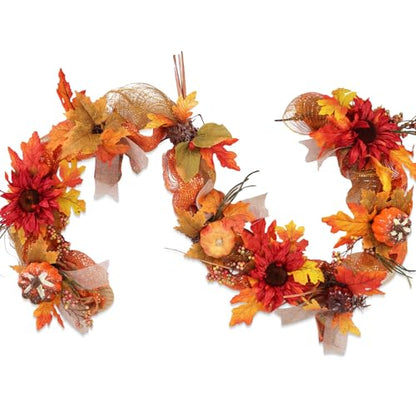 6ft Thick Fall Maple Leaves Garland with Sunflower & Pumpkin