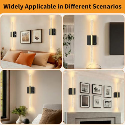Battery Operated Sconces Set of 2, 28in Rechargeable Wireless Wall Lights - color: Black
