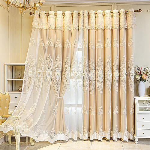 Amidoudou 1 Pair European Double Layer Curtains with Valance for Living Room Bedroom Luxury 3D Flower Embroidered Curtains (Yellow,51x90 Inch) - color: Yellow, size: 51"W x 90"L (Pack of 2)
