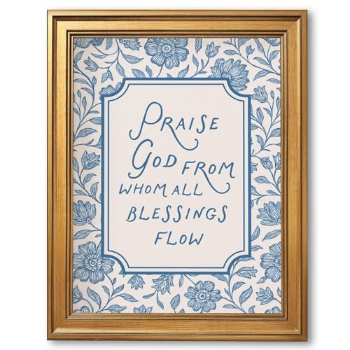 Framed Vintage Christian Wall Art Praise God From Whom All Blessings Flow Poster Light Blue Floral Scripture Print Retro Bible Verse Canvas Painting for Home Faith Based Decor 12x16inch - color: Praise god, size: 12"L x 16"W