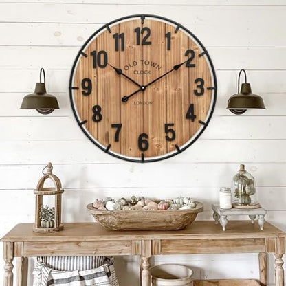 EMAX HOME Large Old Town Farmhouse Wall Clock 24 Inch Rustic Antique Wood with Metal Circle and Large Numerals Silent Battery Operated Wall Clock for Office Kitchen Bedroom Living Room - color: Brown, size: 24 Inch