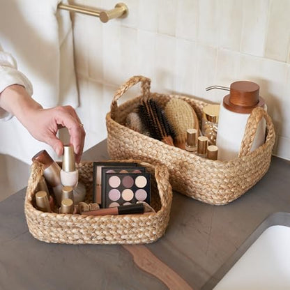 Beautiful Storage Basket Set of 4 - Natural Jute Rope Bins for Shelves