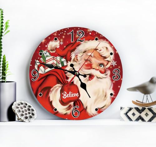 Vintage Santa Claus Silent Non Ticking Wall Clock 12 Inch, Battery Operated, Christmas Red Round Wood Wall Clocks, Decorative for Living Room, Kitchen, Bedroom, Bathroom, Dining Room or Gifts - color: Vintage Santa Claus-christmas Red