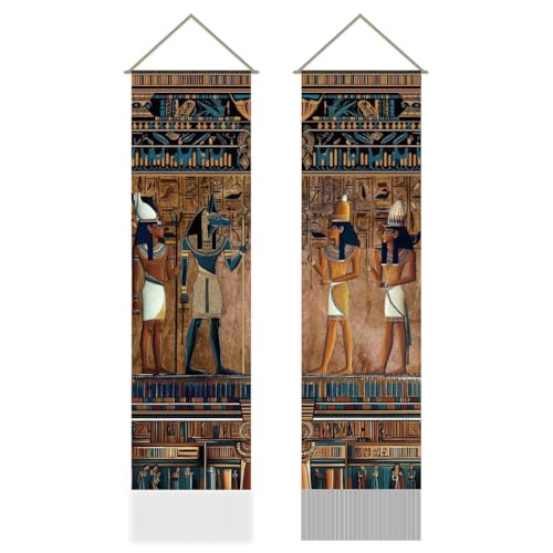 AHANDMAKER 2Pcs Ancient Egyptian Murals Tapestry Wall Hanging, Egypt Decor Hieroglyphics Pharaoh Art 45.7"x13" Long Vertical Banner with Tassels for Bedroom Living Room Backdrop Coffee Home Banner Décor - color: Egyptian Murals