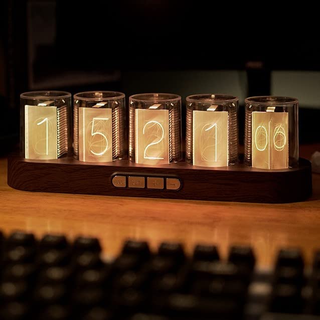 Adventurers Simulation Nixie Tube Clock, RGB Desk Clock, LED Tube Desk Clock with Imitation Wood Base & 24 Hour Clock, Suitable for Decorating Under Computer Monitor & on Bedside Table in Bedroom