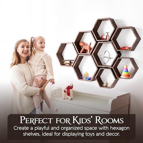 Hexagon Floating Shelves Set of 8 Honeycomb Shelves for Wall, Wooden Hexagon Shelves for Farmhouse Storage - color: Rustic Brown